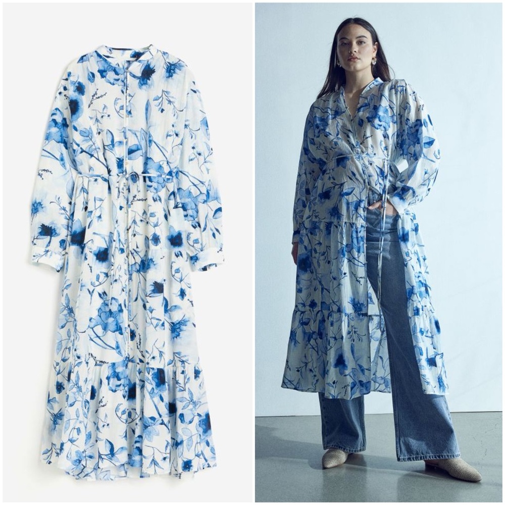 White/Blue Floral Oversized Crinkled Dress